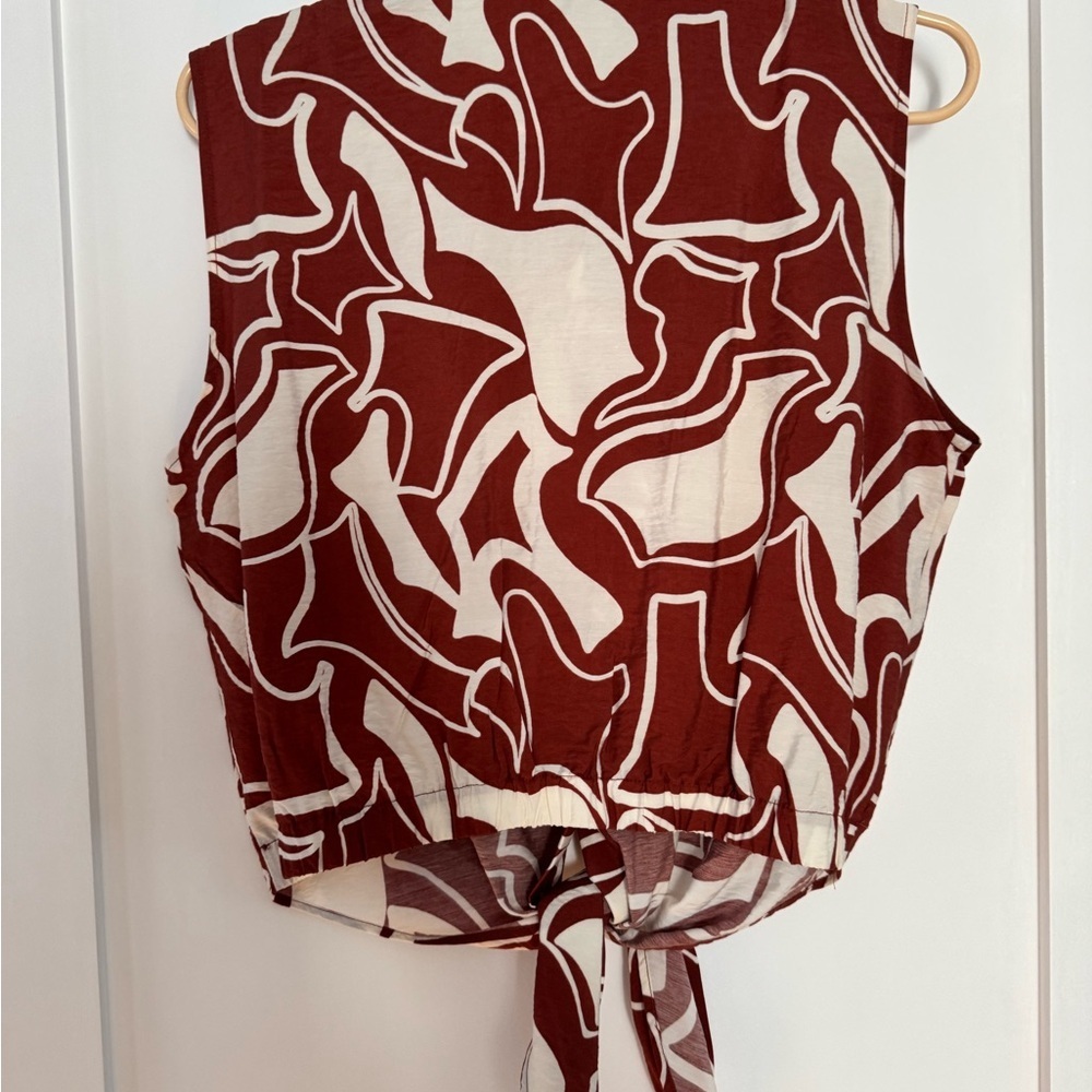 Rachel Zoe brown/White Abstract Button Shirt cute tie waist! Summer vacation - Picture 3 of 3